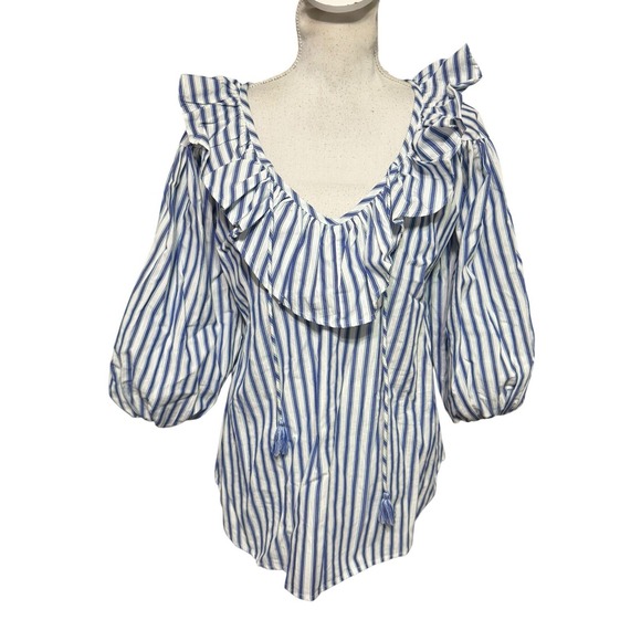 mille resort & travel Tops - Mille Resort & Travel May Ruffle Striped Cotton Blouse - Blue $168